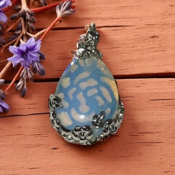 Opalite Pendant With Silver Floral Filigree Setting - Picture 4 of 7